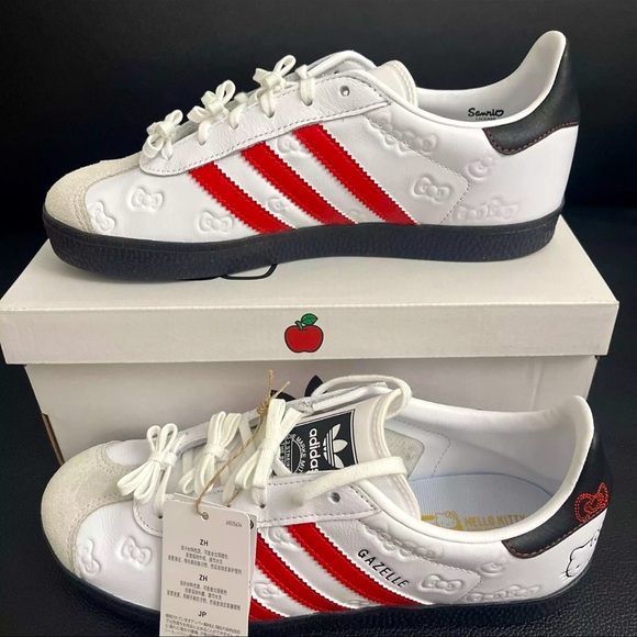 adidas White Sneakers with Red Stripes and Black Heel